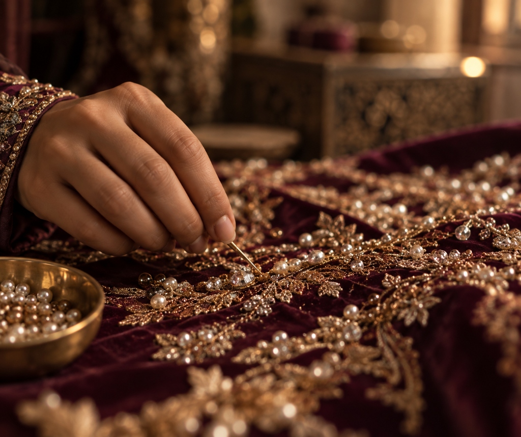 A craftsperson embroidering a detailed formal garment